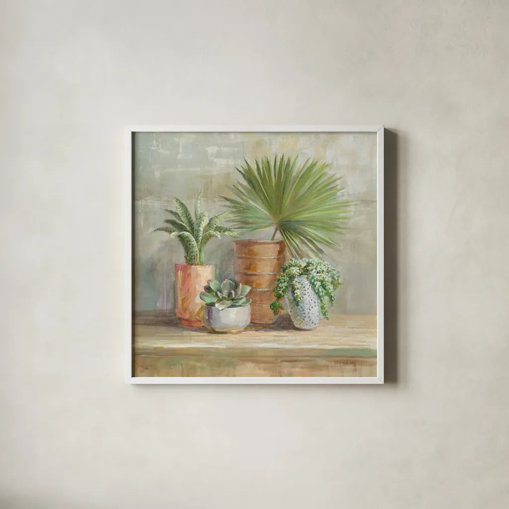 Indoor Garden by Danhui Nai. Shown in a crisp white glass frame for a clean and minimalist style. Available as an archival giclee rolled canvas, fine art paper, or poster print. SKU 70574a.