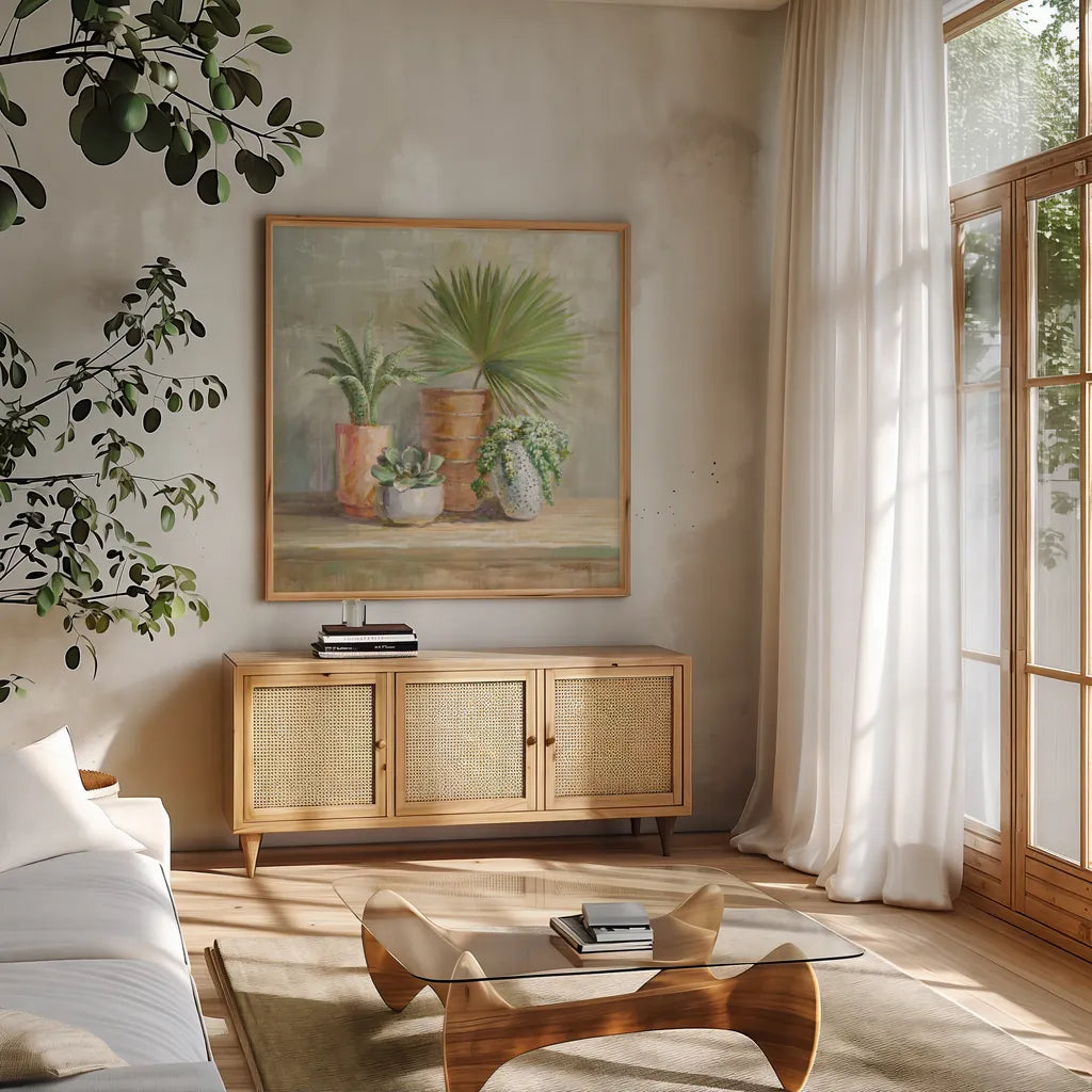 Indoor Garden by Danhui Nai. Shown in a natural wood frame in a cozy modern living room. Available as an archival giclee rolled canvas, fine art paper, or poster print. SKU 70574a.