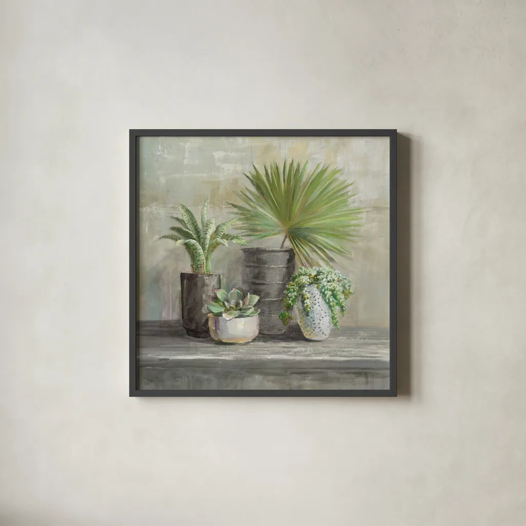 Indoor Garden Gray by Danhui Nai. Shown in a sleek black glass frame for a contemporary gallery look. Available as an archival giclee rolled canvas, fine art paper, or poster print. SKU 73200a.