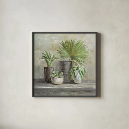 Indoor Garden Gray by Danhui Nai. Shown in a sleek black glass frame for a contemporary gallery look. Available as an archival giclee rolled canvas, fine art paper, or poster print. SKU 73200a.