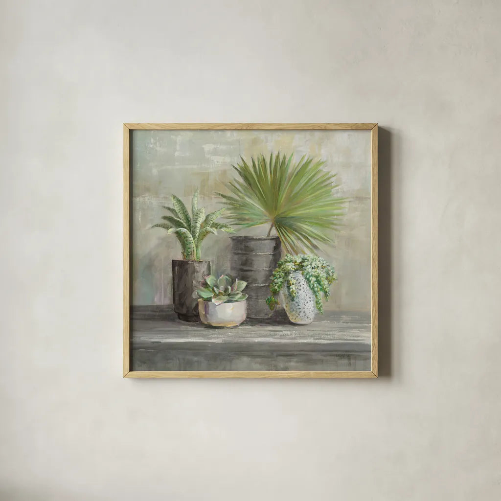 Indoor Garden Gray by Danhui Nai. Shown in a natural wood glass frame for a timeless modern aesthetic. Available as an archival giclee rolled canvas, fine art paper, or poster print. SKU 73200a.