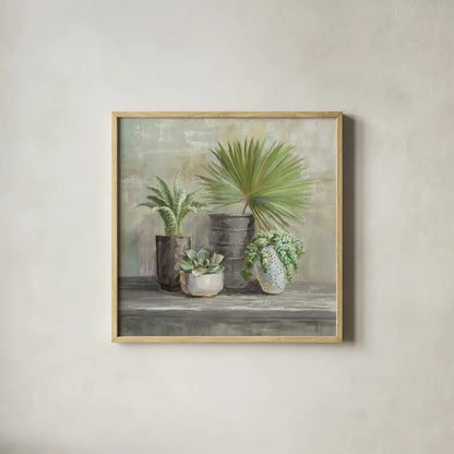 Indoor Garden Gray by Danhui Nai. Shown in a natural wood glass frame for a timeless modern aesthetic. Available as an archival giclee rolled canvas, fine art paper, or poster print. SKU 73200a.
