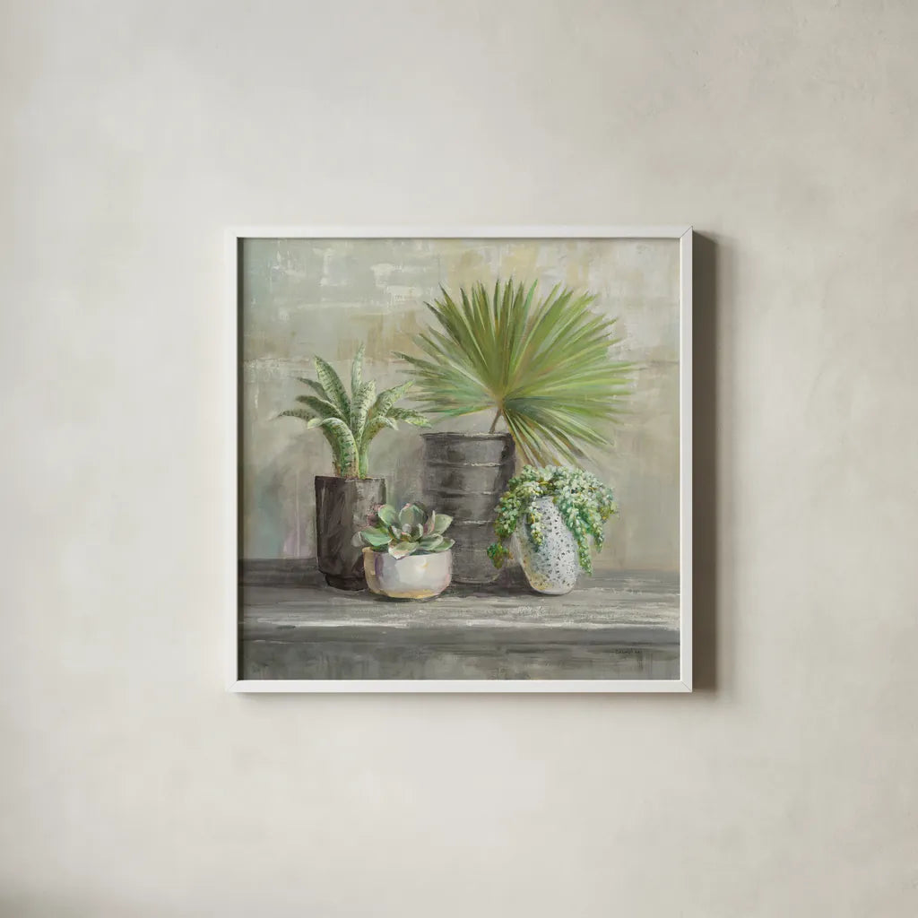 Indoor Garden Gray by Danhui Nai. Shown in a crisp white glass frame for a clean and minimalist style. Available as an archival giclee rolled canvas, fine art paper, or poster print. SKU 73200a.