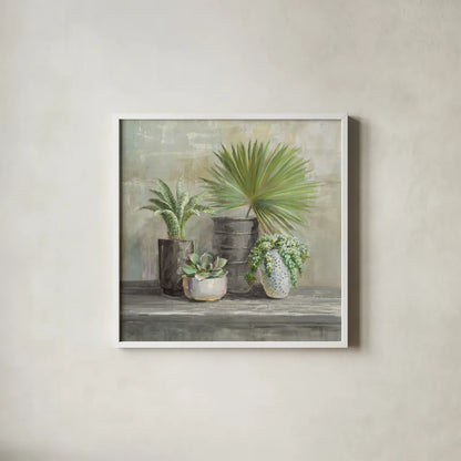 Indoor Garden Gray by Danhui Nai. Shown in a crisp white glass frame for a clean and minimalist style. Available as an archival giclee rolled canvas, fine art paper, or poster print. SKU 73200a.