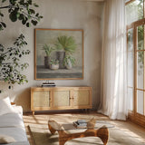 Indoor Garden Gray by Danhui Nai. Shown in a natural wood frame in a cozy modern living room. Available as an archival giclee rolled canvas, fine art paper, or poster print. SKU 73200a.
