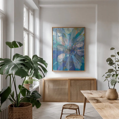 Intensity I by Danhui Nai. shown as a print in a natural wood frame in a dining room. Available as a archival giclee rolled canvas, fine art paper, or poster print. SKU 66544h.