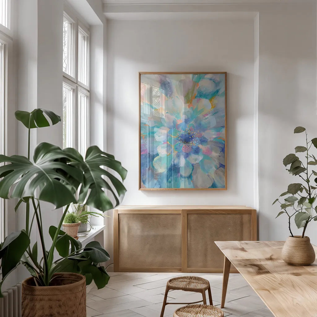 Intensity II by Danhui Nai. shown as a print in a natural wood frame in a dining room. Available as a archival giclee rolled canvas, fine art paper, or poster print. SKU 66545h.