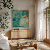 Interstellar by Danhui Nai. Shown in a natural wood frame in a cozy modern living room. Available as an archival giclee rolled canvas, fine art paper, or poster print. SKU 47248a.