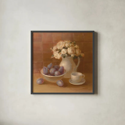 Ironstone with Roses by Danhui Nai. Shown in a sleek black glass frame for a contemporary gallery look. Available as an archival giclee rolled canvas, fine art paper, or poster print. SKU 95030a.