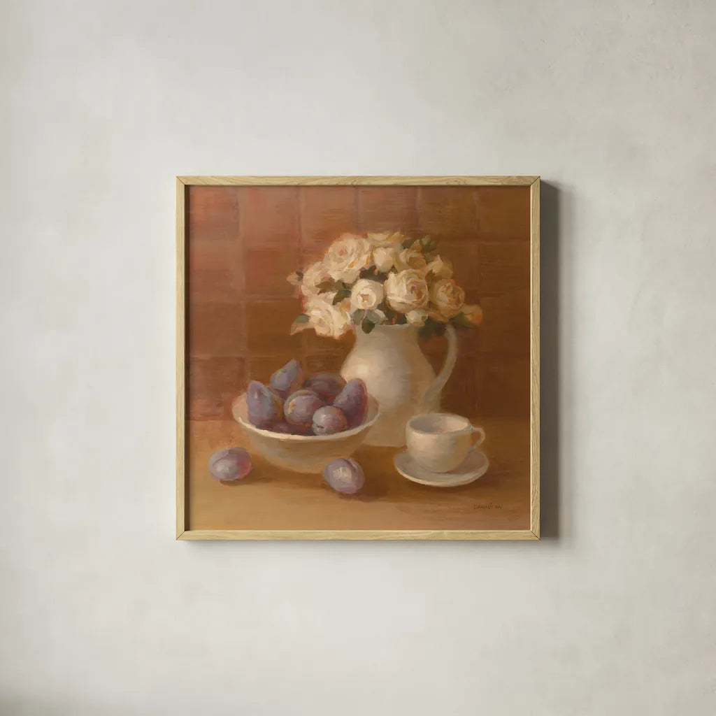 Ironstone with Roses by Danhui Nai. Shown in a natural wood glass frame for a timeless modern aesthetic. Available as an archival giclee rolled canvas, fine art paper, or poster print. SKU 95030a.