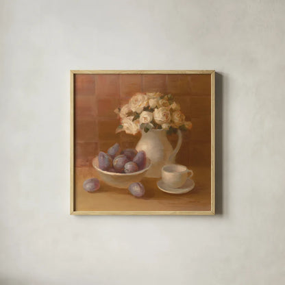 Ironstone with Roses by Danhui Nai. Shown in a natural wood glass frame for a timeless modern aesthetic. Available as an archival giclee rolled canvas, fine art paper, or poster print. SKU 95030a.