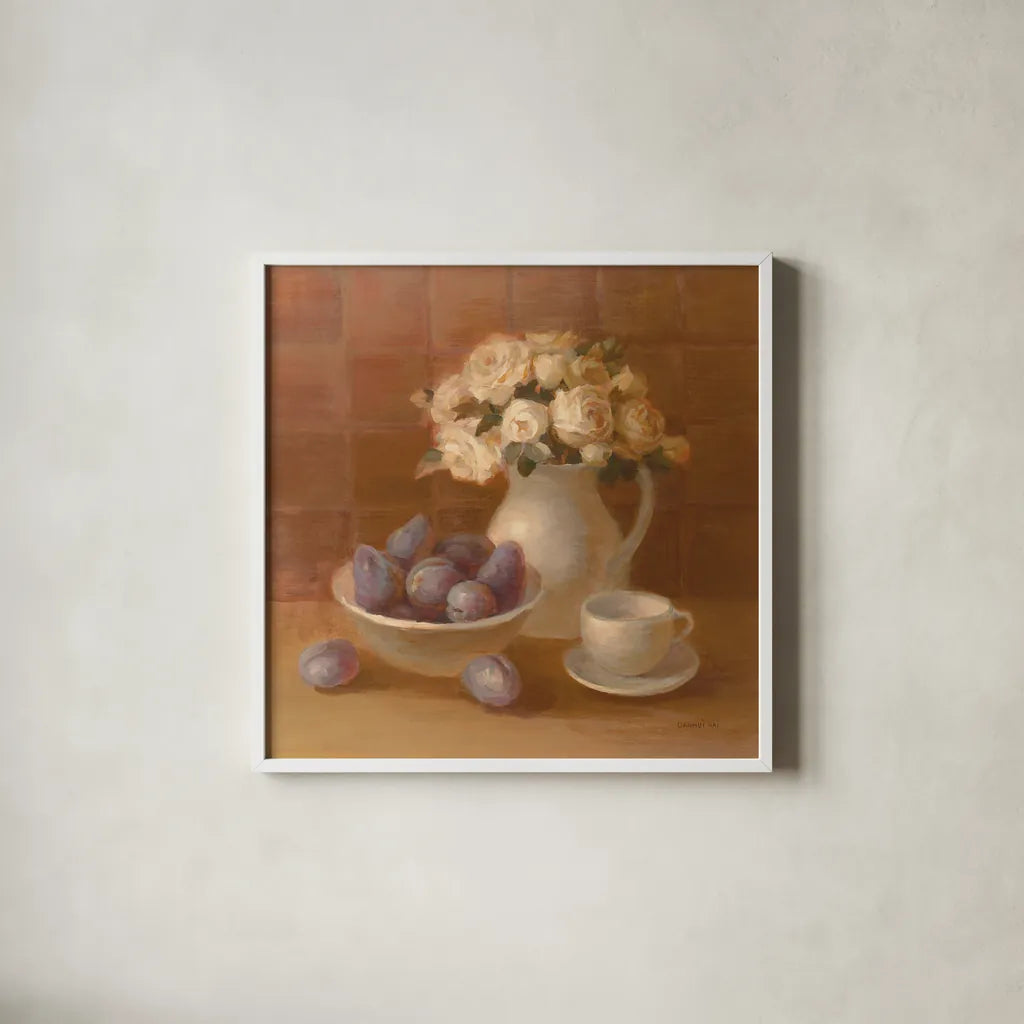 Ironstone with Roses by Danhui Nai. Shown in a crisp white glass frame for a clean and minimalist style. Available as an archival giclee rolled canvas, fine art paper, or poster print. SKU 95030a.