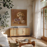 Ironstone with Roses by Danhui Nai. Shown in a natural wood frame in a cozy modern living room. Available as an archival giclee rolled canvas, fine art paper, or poster print. SKU 95030a.