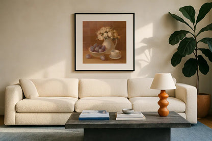 Ironstone with Roses by Danhui Nai. Displayed in a glass frame with matte in a clean modern living room. Available as an archival giclee rolled canvas, fine art paper, or poster print. SKU 95030a.