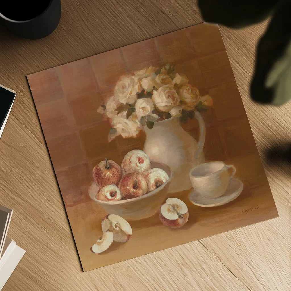 Ironstone with Roses and Apples by Danhui Nai. Shown as a detailed flat fine art print, highlighting archival giclee quality. Available as an archival giclee rolled canvas, fine art paper, or poster print. SKU 95507a.
