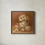 Ironstone with Roses and Apples by Danhui Nai. Shown in a sleek black glass frame for a contemporary gallery look. Available as an archival giclee rolled canvas, fine art paper, or poster print. SKU 95507a.