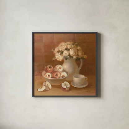Ironstone with Roses and Apples by Danhui Nai. Shown in a sleek black glass frame for a contemporary gallery look. Available as an archival giclee rolled canvas, fine art paper, or poster print. SKU 95507a.