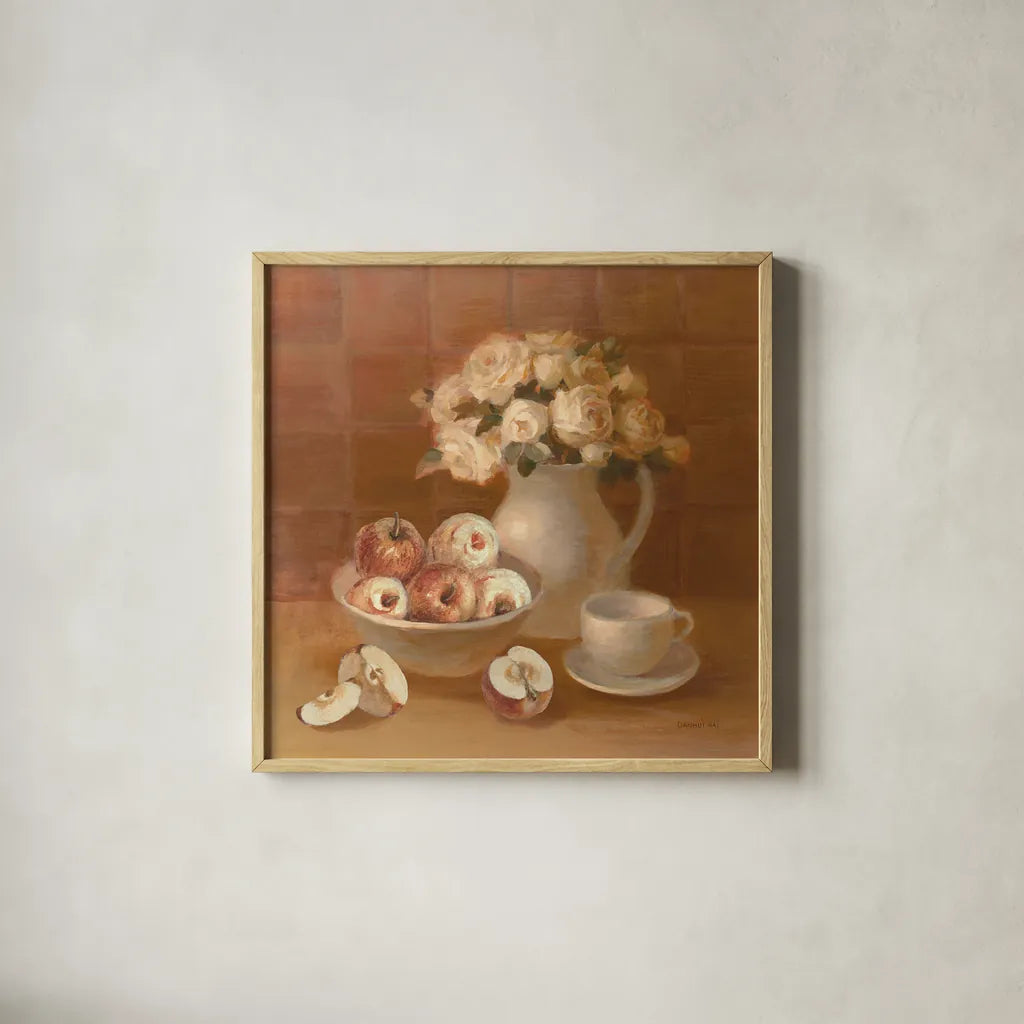 Ironstone with Roses and Apples by Danhui Nai. Shown in a natural wood glass frame for a timeless modern aesthetic. Available as an archival giclee rolled canvas, fine art paper, or poster print. SKU 95507a.