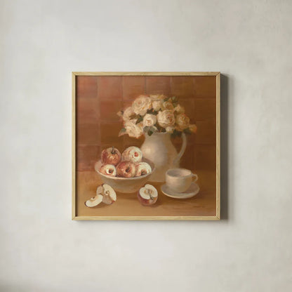 Ironstone with Roses and Apples by Danhui Nai. Shown in a natural wood glass frame for a timeless modern aesthetic. Available as an archival giclee rolled canvas, fine art paper, or poster print. SKU 95507a.