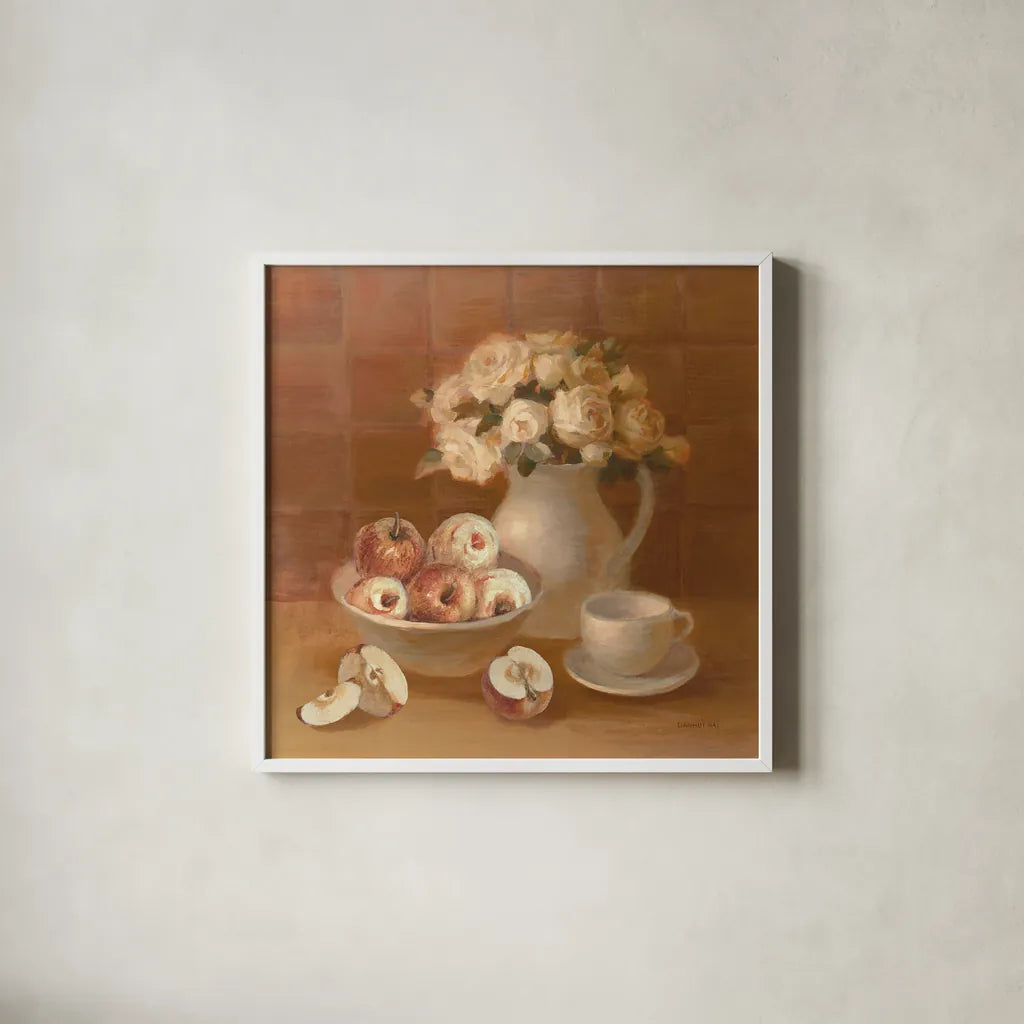 Ironstone with Roses and Apples by Danhui Nai. Shown in a crisp white glass frame for a clean and minimalist style. Available as an archival giclee rolled canvas, fine art paper, or poster print. SKU 95507a.