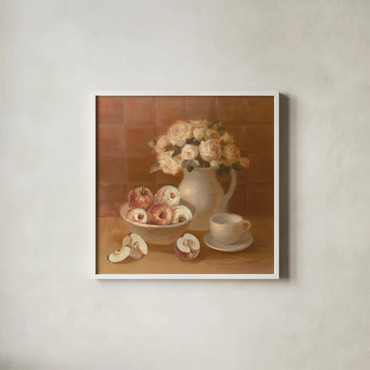 Ironstone with Roses and Apples by Danhui Nai. Shown in a crisp white glass frame for a clean and minimalist style. Available as an archival giclee rolled canvas, fine art paper, or poster print. SKU 95507a.