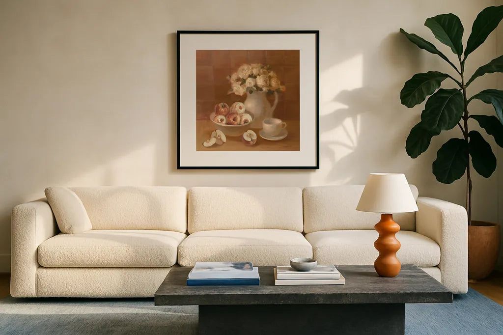 Ironstone with Roses and Apples by Danhui Nai. Displayed in a glass frame with matte in a clean modern living room. Available as an archival giclee rolled canvas, fine art paper, or poster print. SKU 95507a.