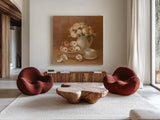 Ironstone with Roses and Apples by Danhui Nai. Shown as extra-large giant wall art in a modern living room. Available as an archival giclee rolled canvas, fine art paper, or poster print. SKU 95507a.