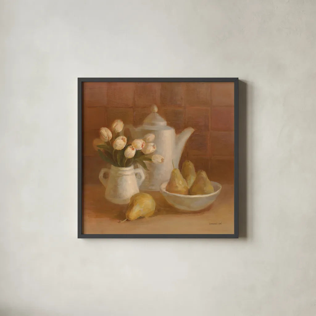 Ironstone with Tulips by Danhui Nai. Shown in a sleek black glass frame for a contemporary gallery look. Available as an archival giclee rolled canvas, fine art paper, or poster print. SKU 95029a.