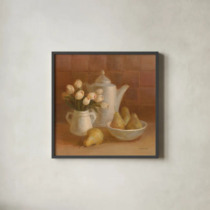 Ironstone with Tulips by Danhui Nai. Shown in a sleek black glass frame for a contemporary gallery look. Available as an archival giclee rolled canvas, fine art paper, or poster print. SKU 95029a.
