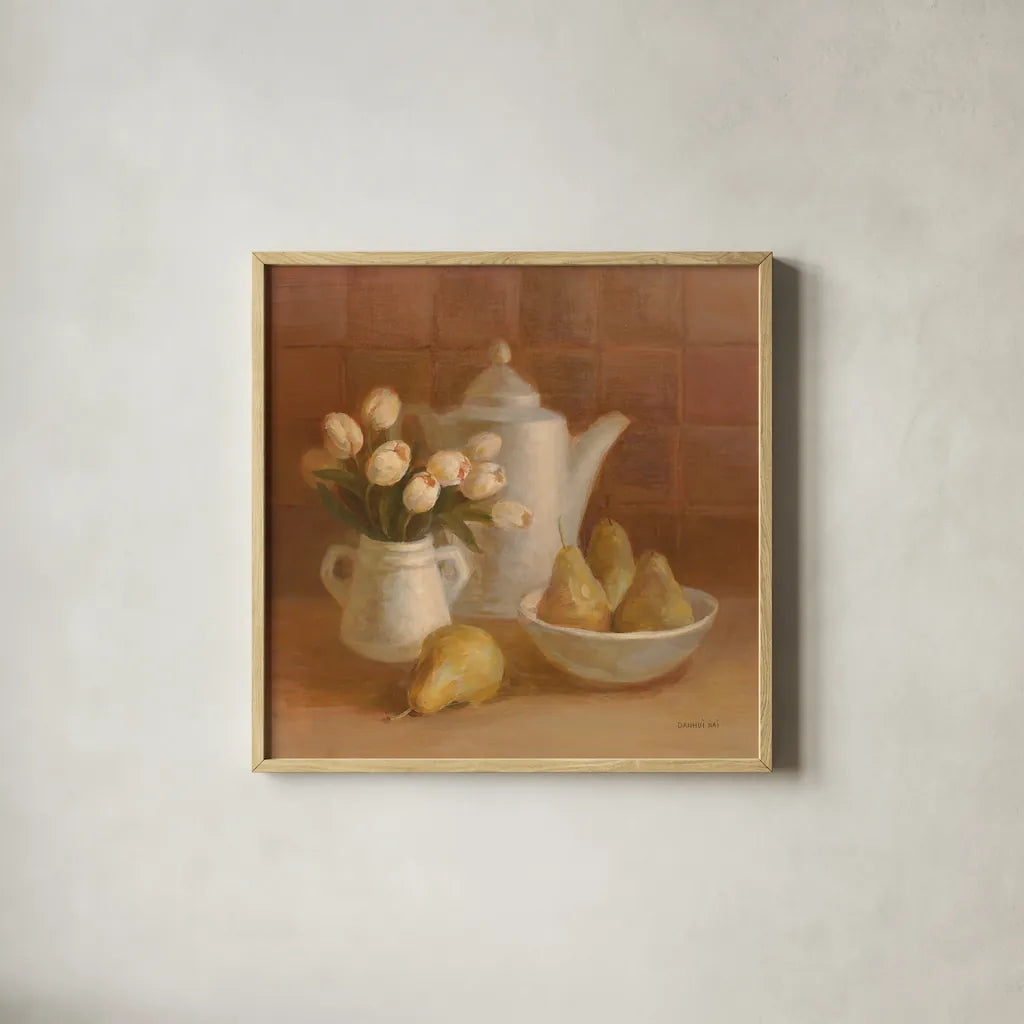 Ironstone with Tulips by Danhui Nai. Shown in a natural wood glass frame for a timeless modern aesthetic. Available as an archival giclee rolled canvas, fine art paper, or poster print. SKU 95029a.