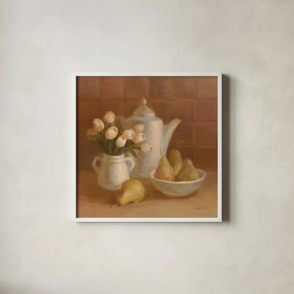Ironstone with Tulips by Danhui Nai. Shown in a crisp white glass frame for a clean and minimalist style. Available as an archival giclee rolled canvas, fine art paper, or poster print. SKU 95029a.