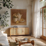Ironstone with Tulips by Danhui Nai. Shown in a natural wood frame in a cozy modern living room. Available as an archival giclee rolled canvas, fine art paper, or poster print. SKU 95029a.