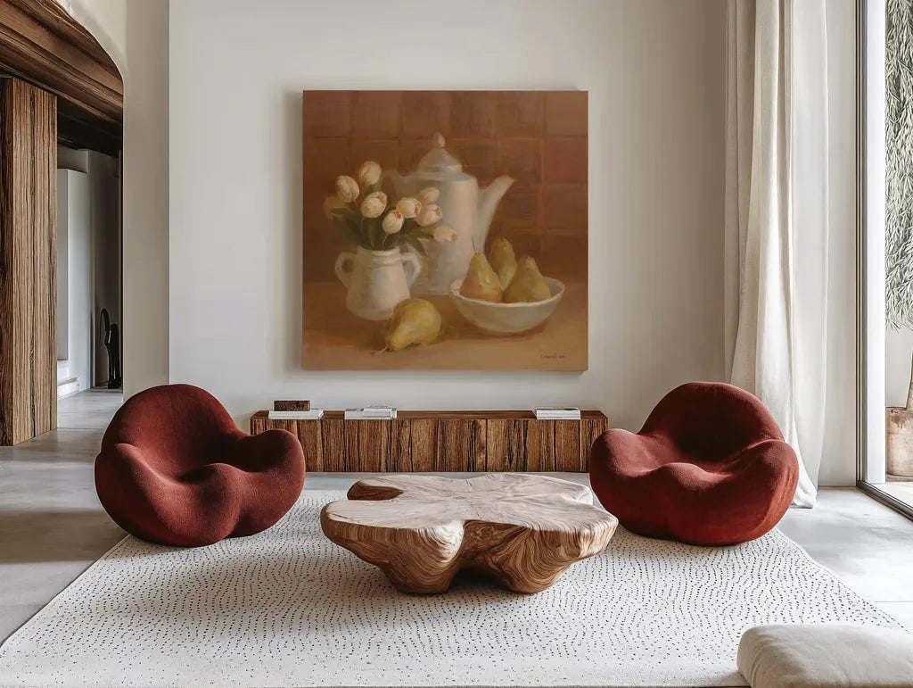 Ironstone with Tulips by Danhui Nai. Shown as extra-large giant wall art in a modern living room. Available as an archival giclee rolled canvas, fine art paper, or poster print. SKU 95029a.