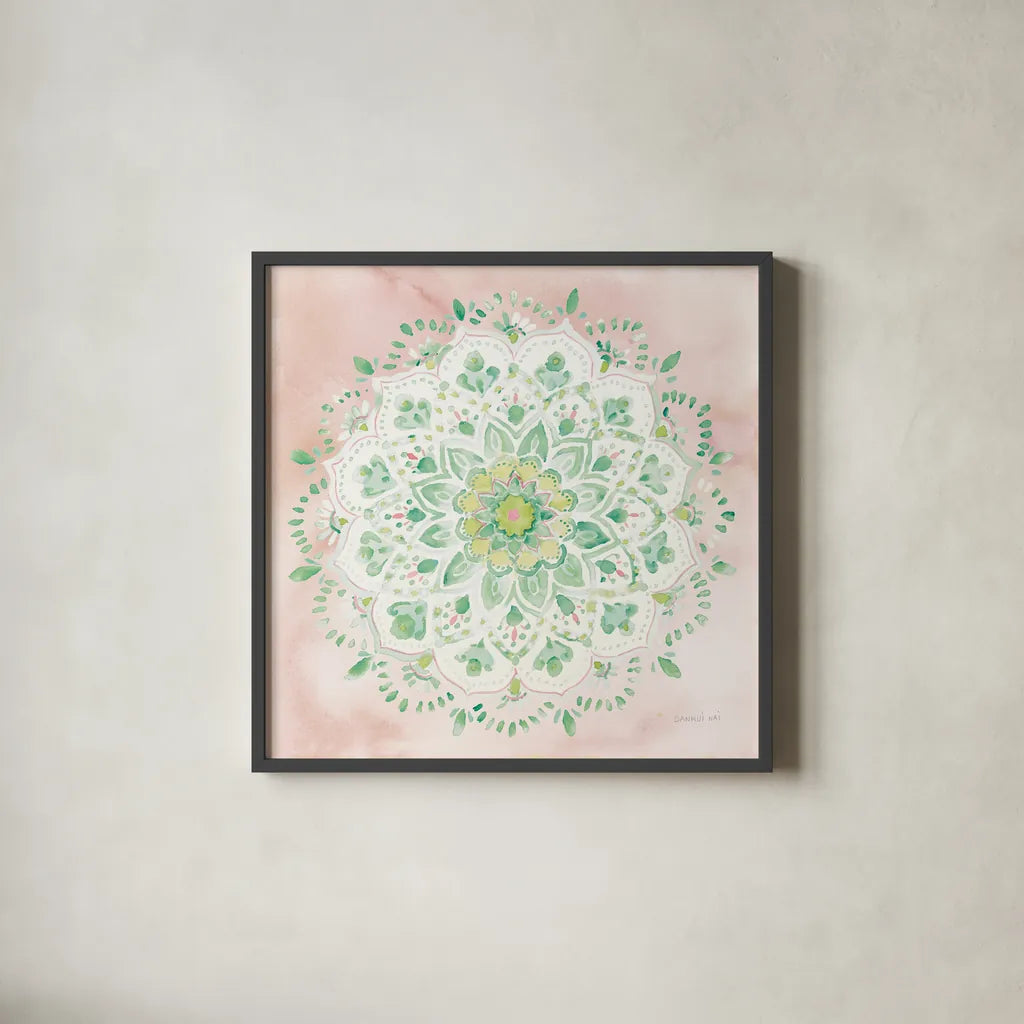 Jaipur V Blush by Danhui Nai. Shown in a sleek black glass frame for a contemporary gallery look. Available as an archival giclee rolled canvas, fine art paper, or poster print. SKU 56947a.