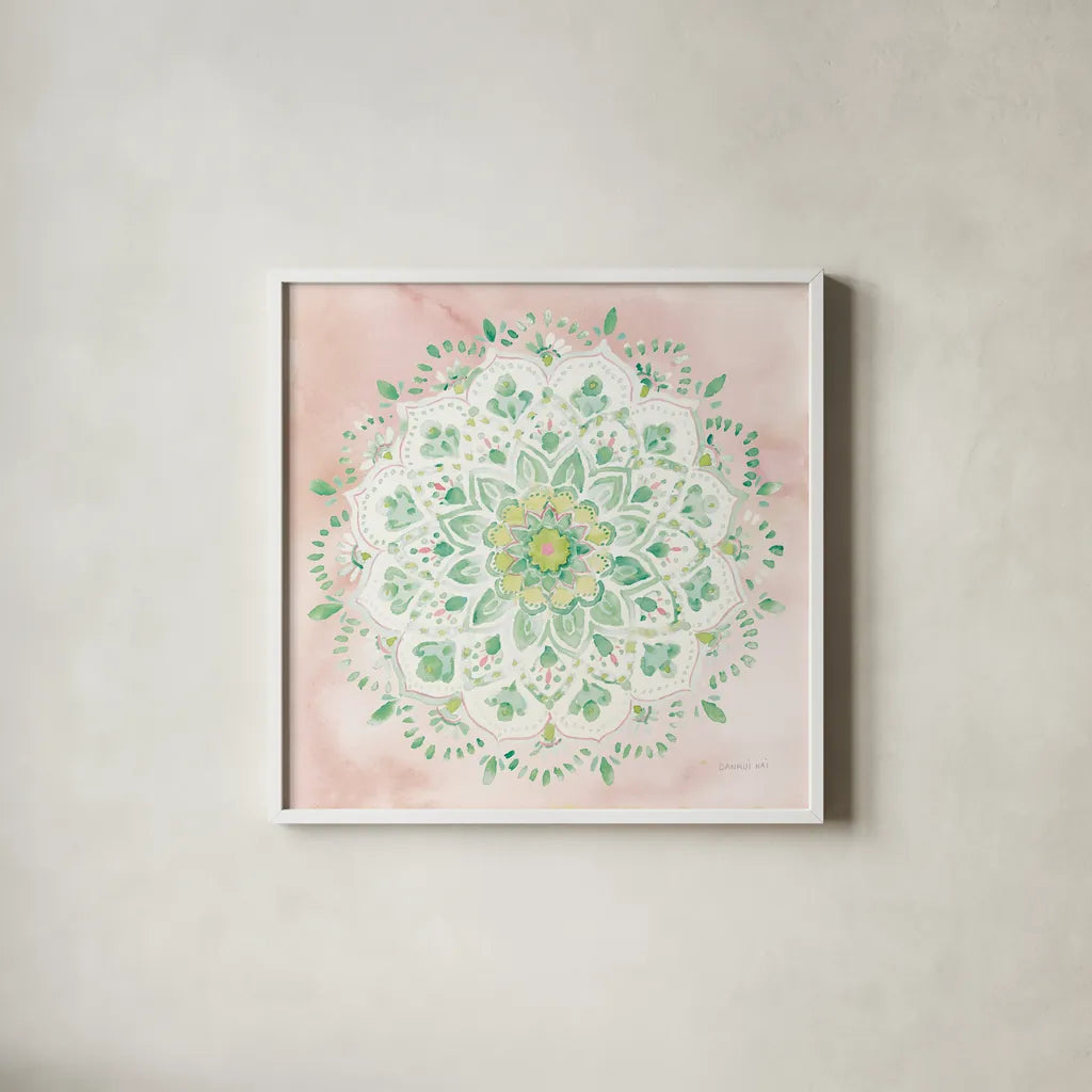 Jaipur V Blush by Danhui Nai. Shown in a crisp white glass frame for a clean and minimalist style. Available as an archival giclee rolled canvas, fine art paper, or poster print. SKU 56947a.