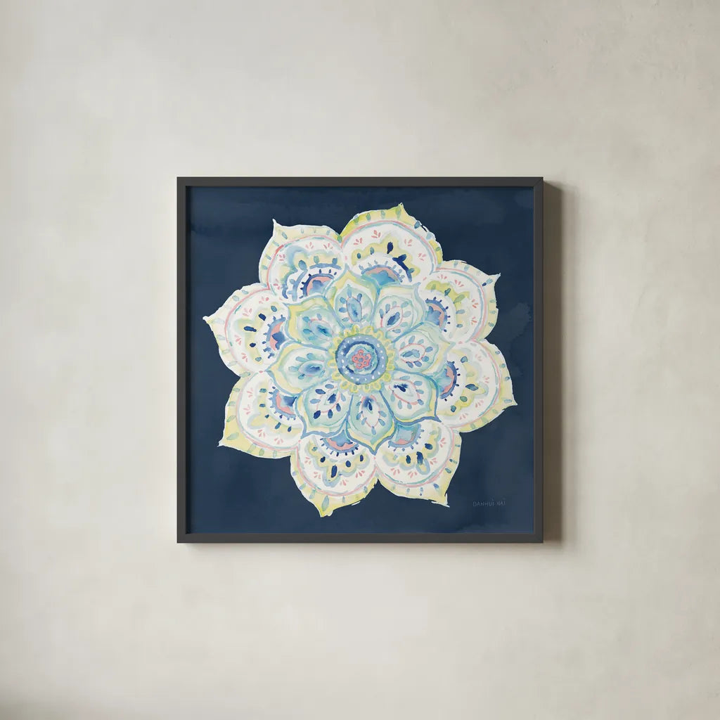 Jaipur VI Navy by Danhui Nai. Shown in a sleek black glass frame for a contemporary gallery look. Available as an archival giclee rolled canvas, fine art paper, or poster print. SKU 39356a.