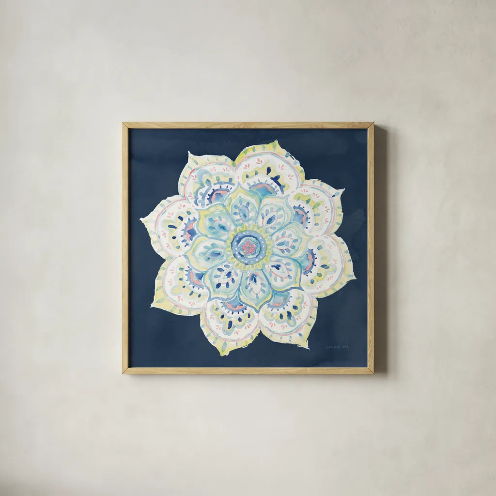 Jaipur VI Navy by Danhui Nai. Shown in a natural wood glass frame for a timeless modern aesthetic. Available as an archival giclee rolled canvas, fine art paper, or poster print. SKU 39356a.