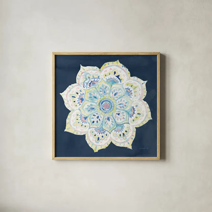 Jaipur VI Navy by Danhui Nai. Shown in a natural wood glass frame for a timeless modern aesthetic. Available as an archival giclee rolled canvas, fine art paper, or poster print. SKU 39356a.