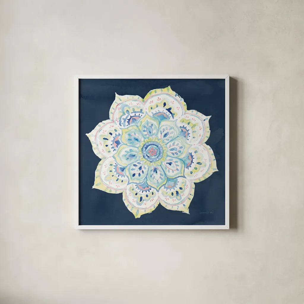 Jaipur VI Navy by Danhui Nai. Shown in a crisp white glass frame for a clean and minimalist style. Available as an archival giclee rolled canvas, fine art paper, or poster print. SKU 39356a.