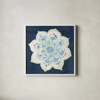 Jaipur VI Navy by Danhui Nai. Shown in a crisp white glass frame for a clean and minimalist style. Available as an archival giclee rolled canvas, fine art paper, or poster print. SKU 39356a.