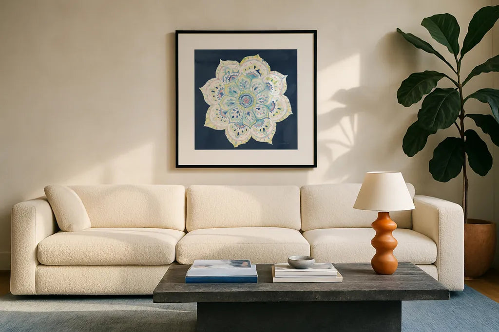 Jaipur VI Navy by Danhui Nai. Displayed in a glass frame with matte in a clean modern living room. Available as an archival giclee rolled canvas, fine art paper, or poster print. SKU 39356a.
