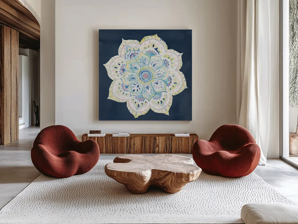 Jaipur VI Navy by Danhui Nai. Shown as extra-large giant wall art in a modern living room. Available as an archival giclee rolled canvas, fine art paper, or poster print. SKU 39356a.