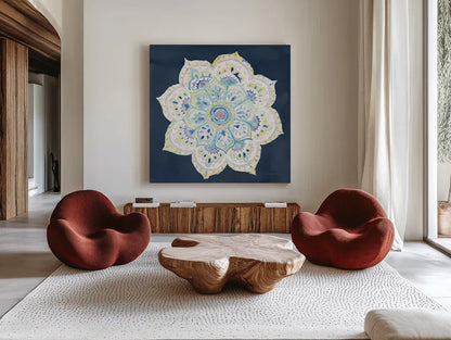 Jaipur VI Navy by Danhui Nai. Shown as extra-large giant wall art in a modern living room. Available as an archival giclee rolled canvas, fine art paper, or poster print. SKU 39356a.
