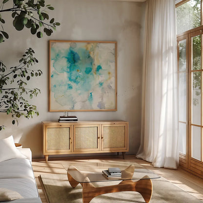 Jaipur XI by Danhui Nai. Shown in a natural wood frame in a cozy modern living room. Available as an archival giclee rolled canvas, fine art paper, or poster print. SKU 38680a.