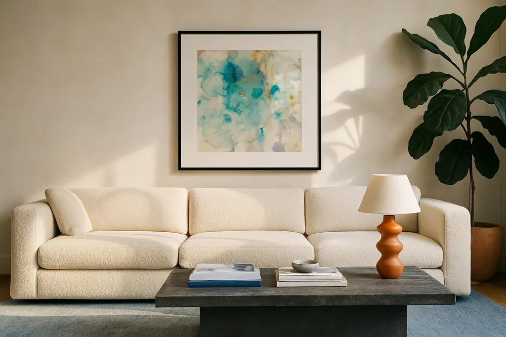 Jaipur XI by Danhui Nai. Displayed in a glass frame with matte in a clean modern living room. Available as an archival giclee rolled canvas, fine art paper, or poster print. SKU 38680a.