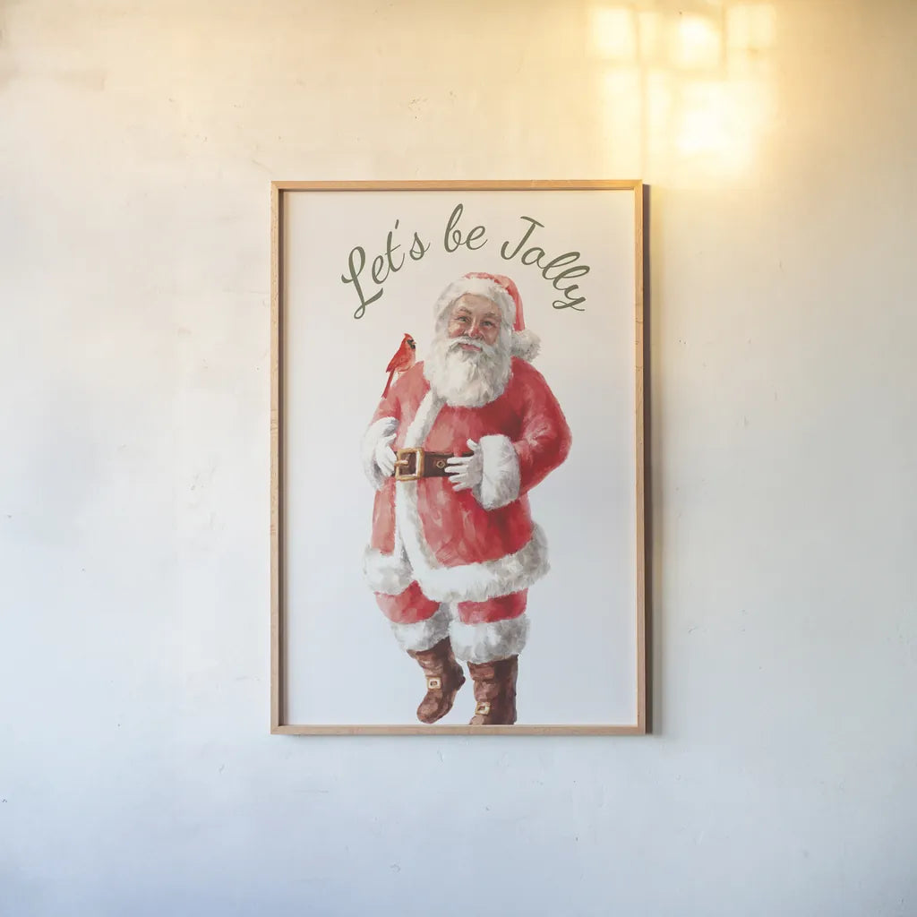 Jolly Santa by Danhui Nai. shown as a paper print in a natural frame. Available as a archival giclee rolled canvas, fine art paper, or poster print. SKU 80001h.
