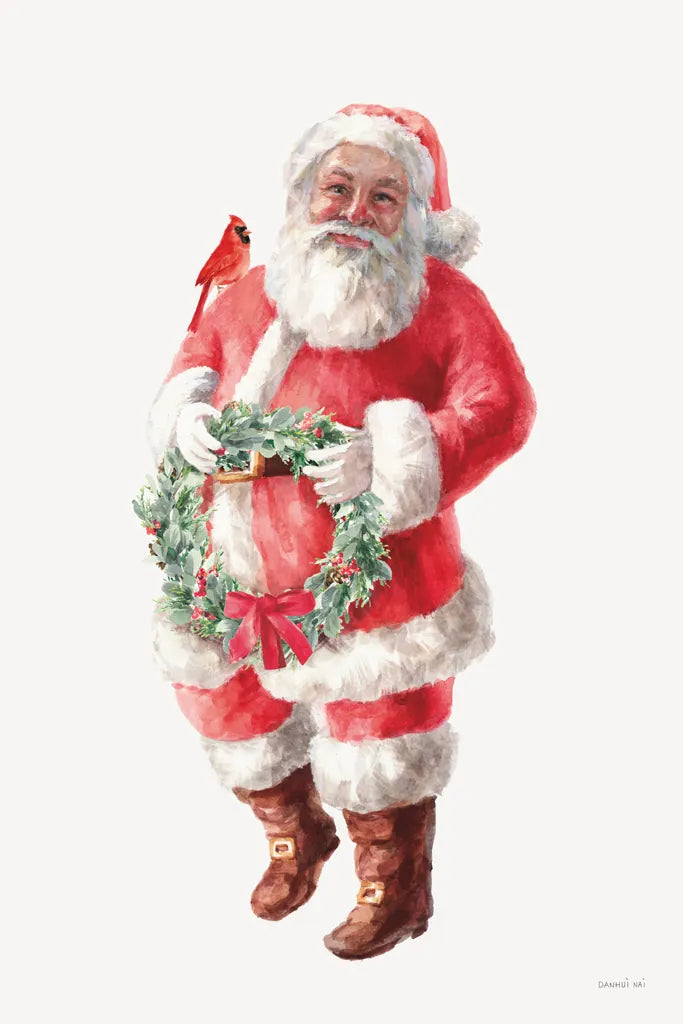 Jolly Santa with Wreath by Danhui Nai. SKU 85897h. Archival Giclee Fine art print for wall decor.