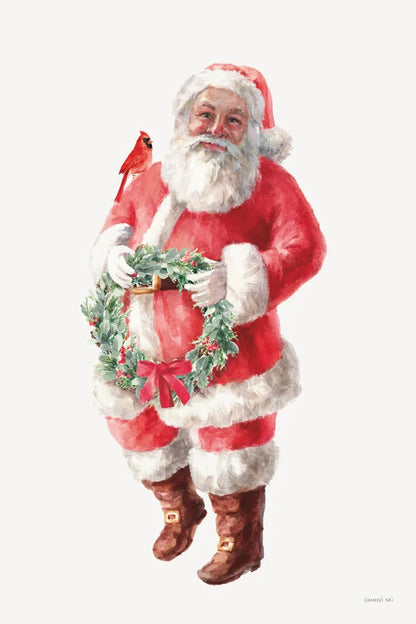 Jolly Santa with Wreath by Danhui Nai. SKU 85897h. Archival Giclee Fine art print for wall decor.