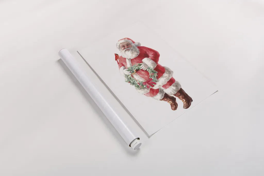 Jolly Santa with Wreath by Danhui Nai. shown as a rolled paper print. Available as archival giclee rolled canvas, fine art paper, or poster print. SKU 85897h.