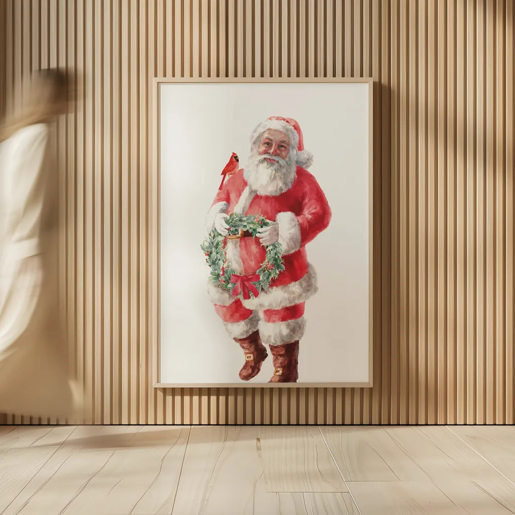 Jolly Santa with Wreath by Danhui Nai. shown as over sized large wall art. Available as an archival giclee rolled canvas, fine art paper, or poster print. SKU 85897h.